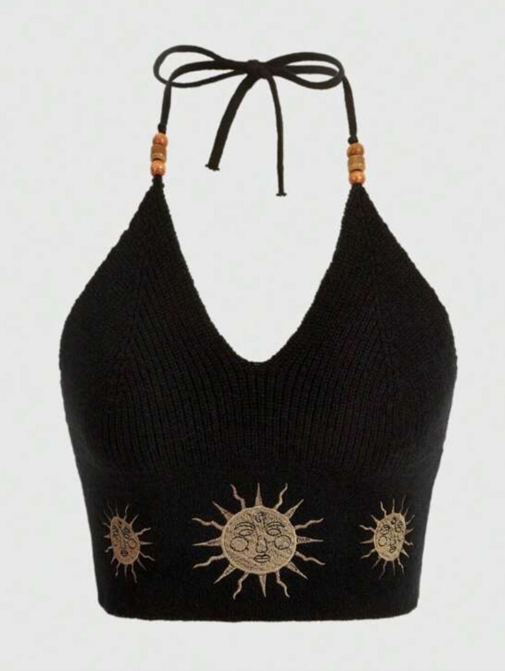 Hippie Embroidered Sun Black Knit Halter Top, Sz S - Picture 12 of 13